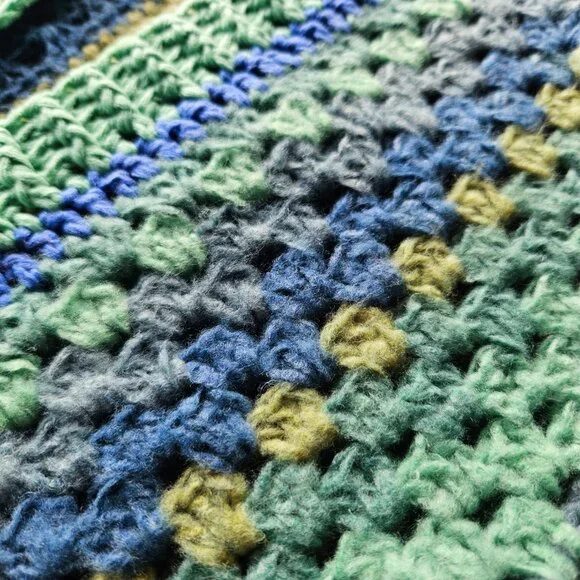 Handmade Oversize Crochet Cardigan Green Blue Warm Sweater, BOHO Granny Squares - Picture 14 of 15